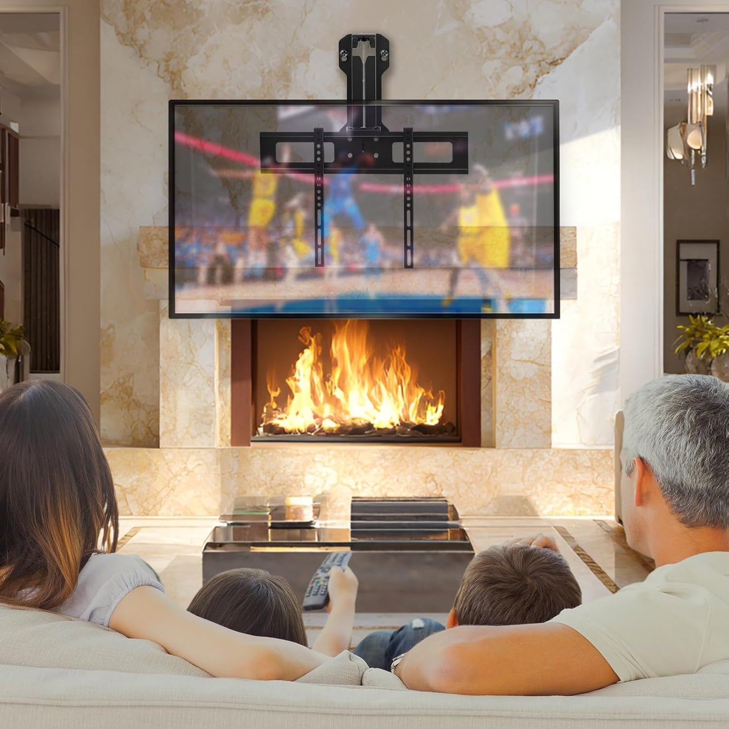 Motorized Fireplace TV Wall Mount for 32 to 75 Inch Screen up to 88 Lbs, Drop down TV Mount Height-Adjustable, Black