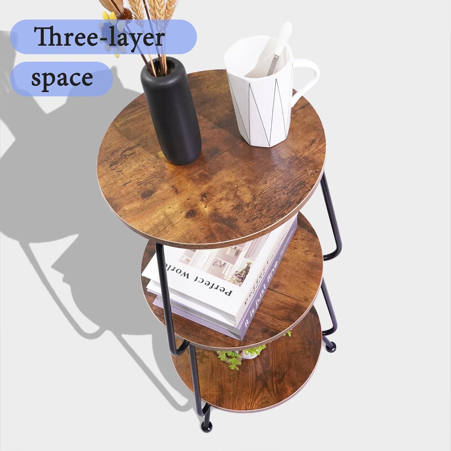 Brown three tier round end table with metal frame and rustic wood, view 9