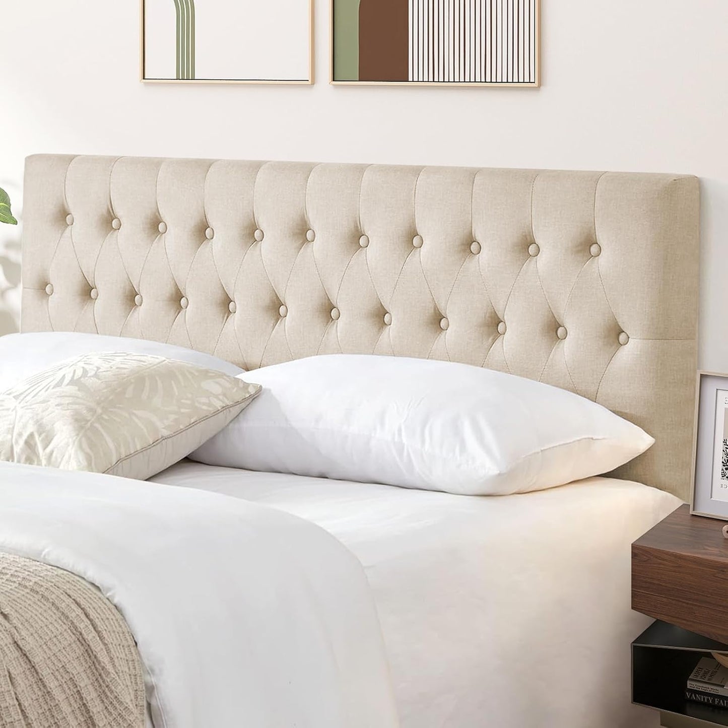 Headboards for King Size Bed in Modern Button Design, Premium Linen Fabric Upholstered Tufted Bed Headboard, Adjustable Solid Wood Head Board, Beige