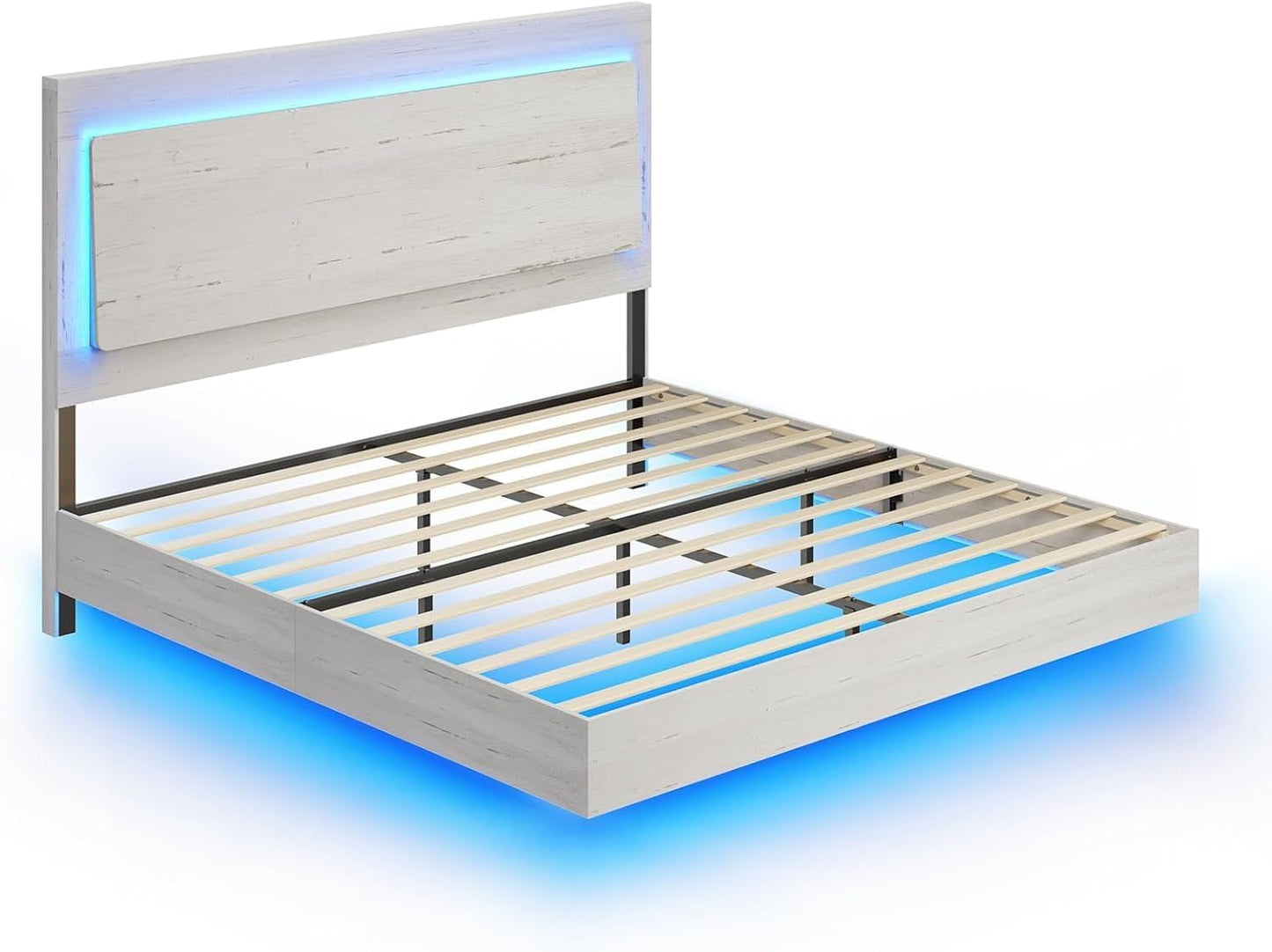 Queen Bed Frame, Farmhouse Floating Bed Frame with Recline Headboard, No Box Spring Needed/Noise Free, Platform Bed with LED Light, Distressed White