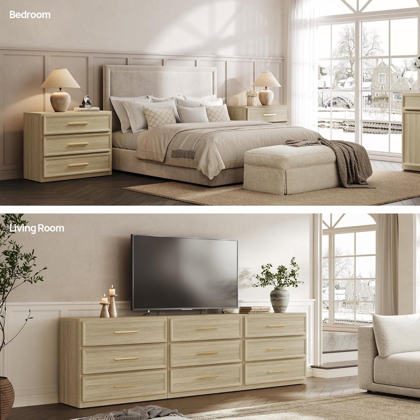 Night Stand Set 2 Oversized Extra Large Nightstands Set of 2 Tall Bedside Side Table with 3 Drawers Storage Modern End Tables Wide Night Stands for Bedroom Sofa Couch Home Office