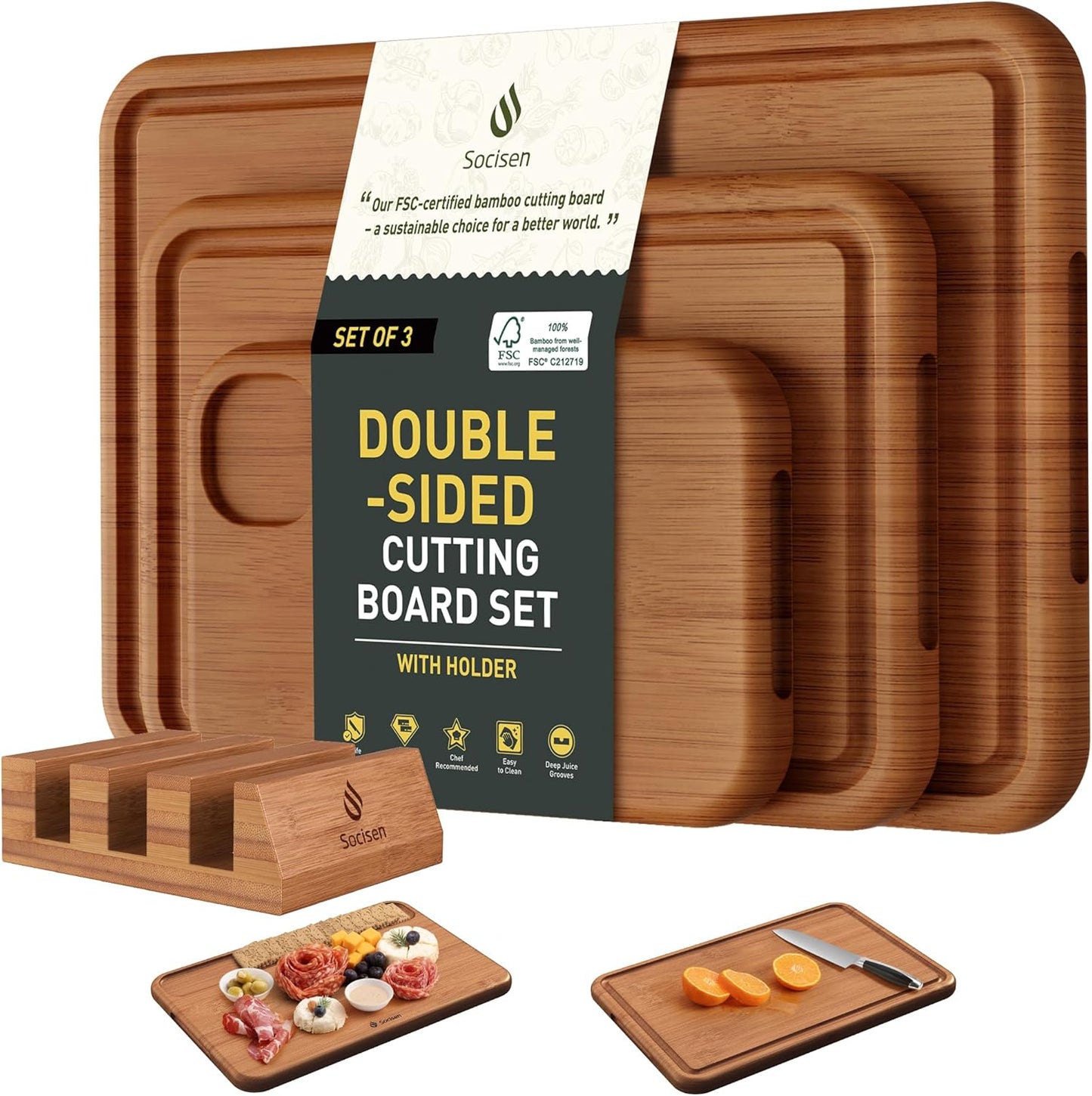 3 Packs Bamboo Cutting Board Set with Holder Nice Solid Thick Wood Deep Juice Groove & Built-In Handles Chopping Board Large Big Small Best Hardwood Kitchen Counter Organic Vegetable Meat BBQ Kit
