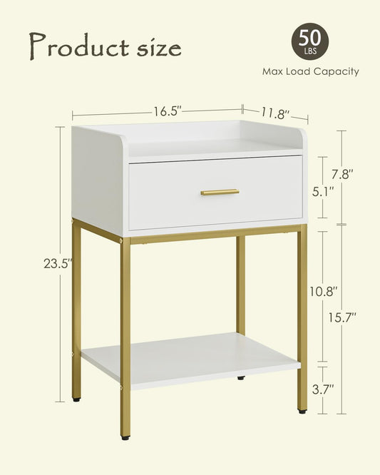 Nightstand,3-Tier Modern Night Stand,Bedside Table with Storage Drawer and Shelf,Small Side Table for Bedroom,Living Room,White