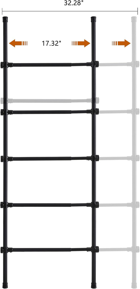 Blanket Ladder Black Expandable Width (17.3-32.3 Inch) 5.4 Ft Tall 5 Rungs Metal Quilt Holder Rack Wall Leaning Strong Load Capacity, Modern Farmhouse Decor Easy Assembly for Living Room,Bedroom