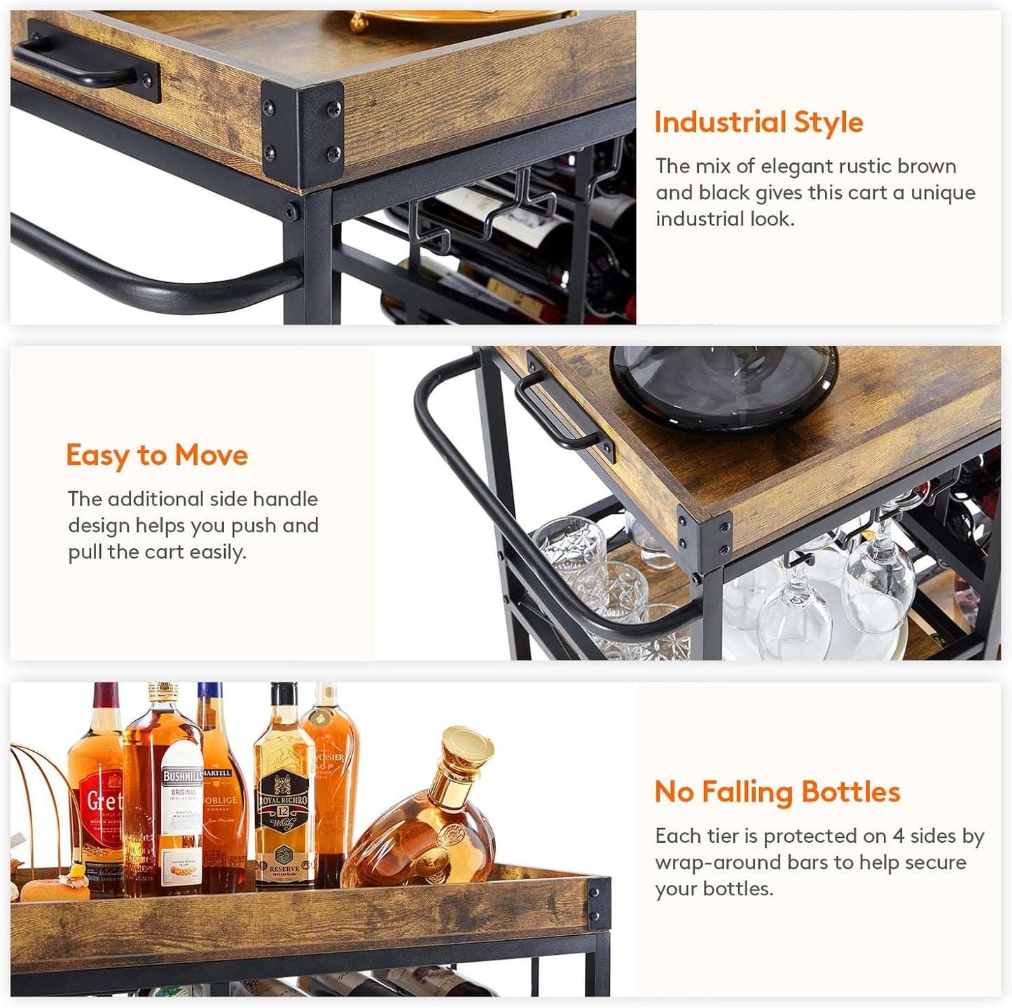 Bar Cart, Home Bar Serving Cart, 3 Tier Drink Cart with 12 Wine Bottle Racks, Liquor Beverage Cart for Kitchen Dining Livingroom, 31.5" X 15.7" X 36.6", Removable Top Tray, Rustic Brown