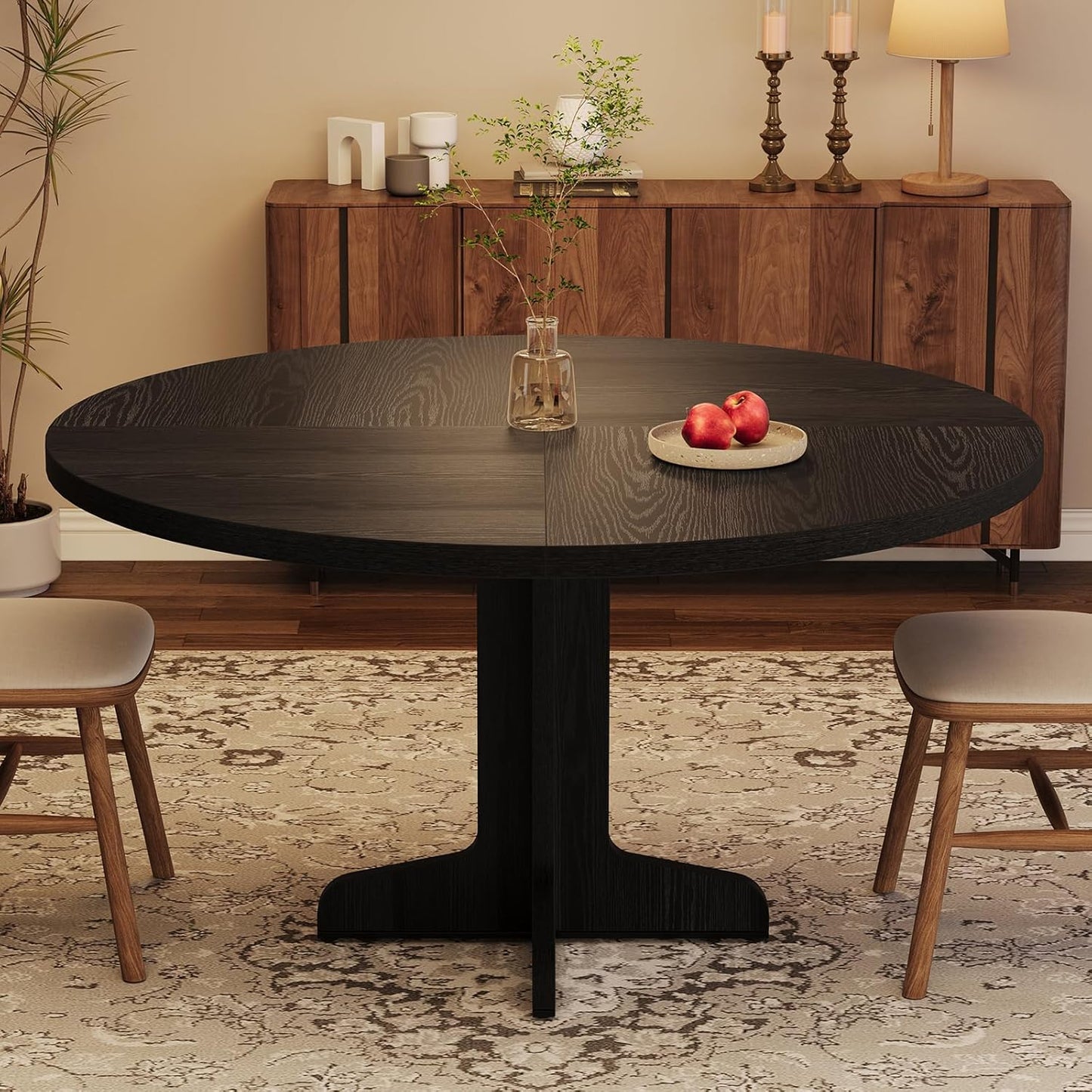 round Dining Table for 4, 47 Inches Dining Room Table with Wooden Base, Circle Kitchen Dinner Table for Dining Room, Kitchen, Living Room (Table Only), Black