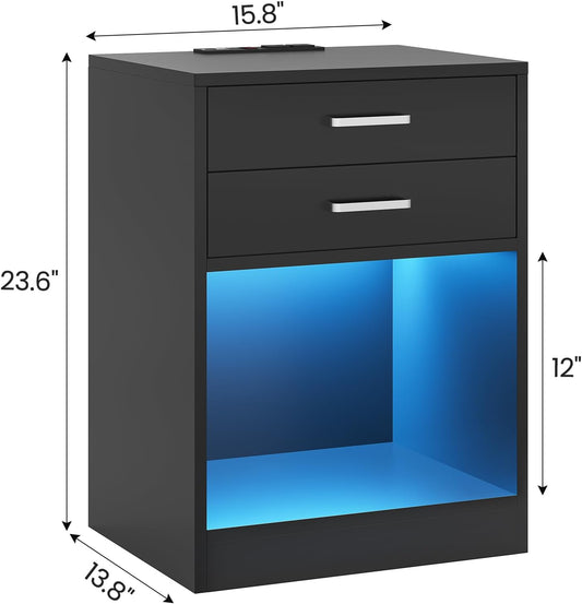 LED Nightstands Set of 2,Night Stands for Bedrooms Set of 2,Nightstand with Charging Station and LED Lights,Black Bedside Table with Power Outlets & Drawers,Modern End Side Table