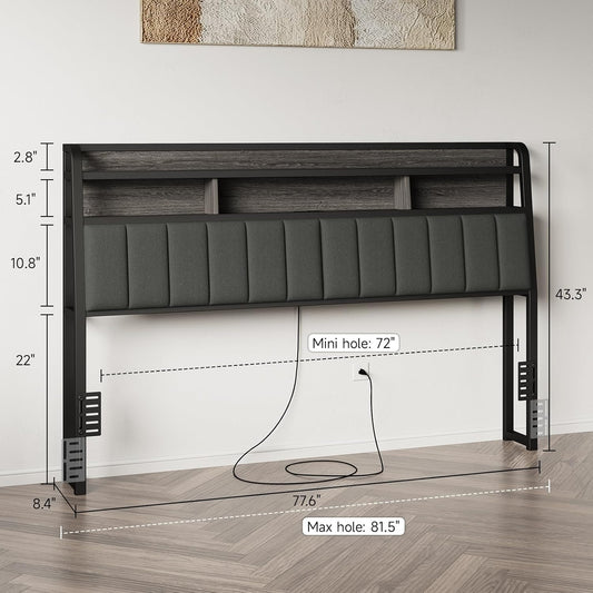 King Headboard Only with Storage, Upholstered Headboards for King Size Bed with LED Light, Charging Station, Height Adjustable, Sturdy and Stable Headboard, Black & Grey