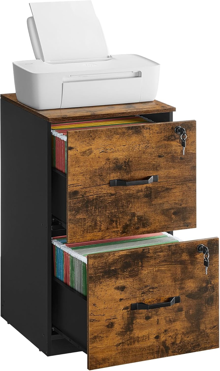 2 Drawers File Cabinet with Lock, Printer Stand, Office Filing Cabinet Organizer, for A4 and Letter Size Documents, Rustic Brown and Ink Black UOFC061B01