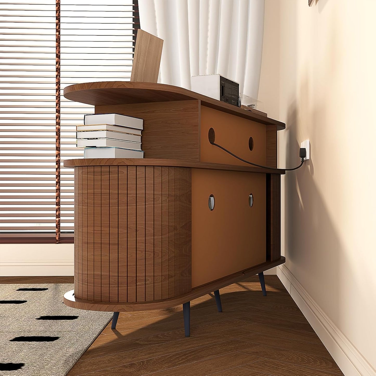 Solid Wood Large Circular Record Player Stand, Vinyl Record Storage Cabinet, Record Player Stand with Power Strip and USB Port, Suitable for Bedroom and Living Room (Walnut, Large)