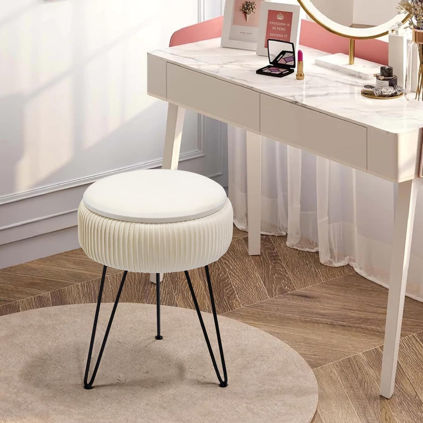 Velvet Vanity Stool with Storage, round Ottoman Vanity Chairs with Anti-Slip Feet, Dressing Table Seat Foot Stool with Black Legs, Furry Padded Seat Side Table for Makeup Bedroom, White