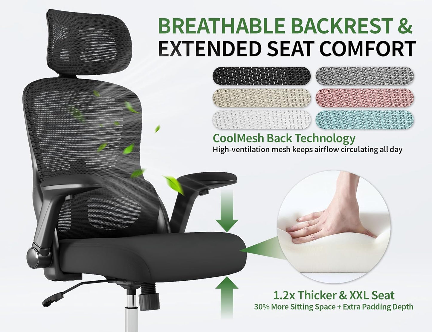 Office Chair - Ergonomic Desk Chair with Adjustable Headrest Lumbar Support Computer Chair - Mesh Comfy Chairs with Flip-Up Armrests - Big and Tall Gaming Chairs for Adults Home Office(Beige)