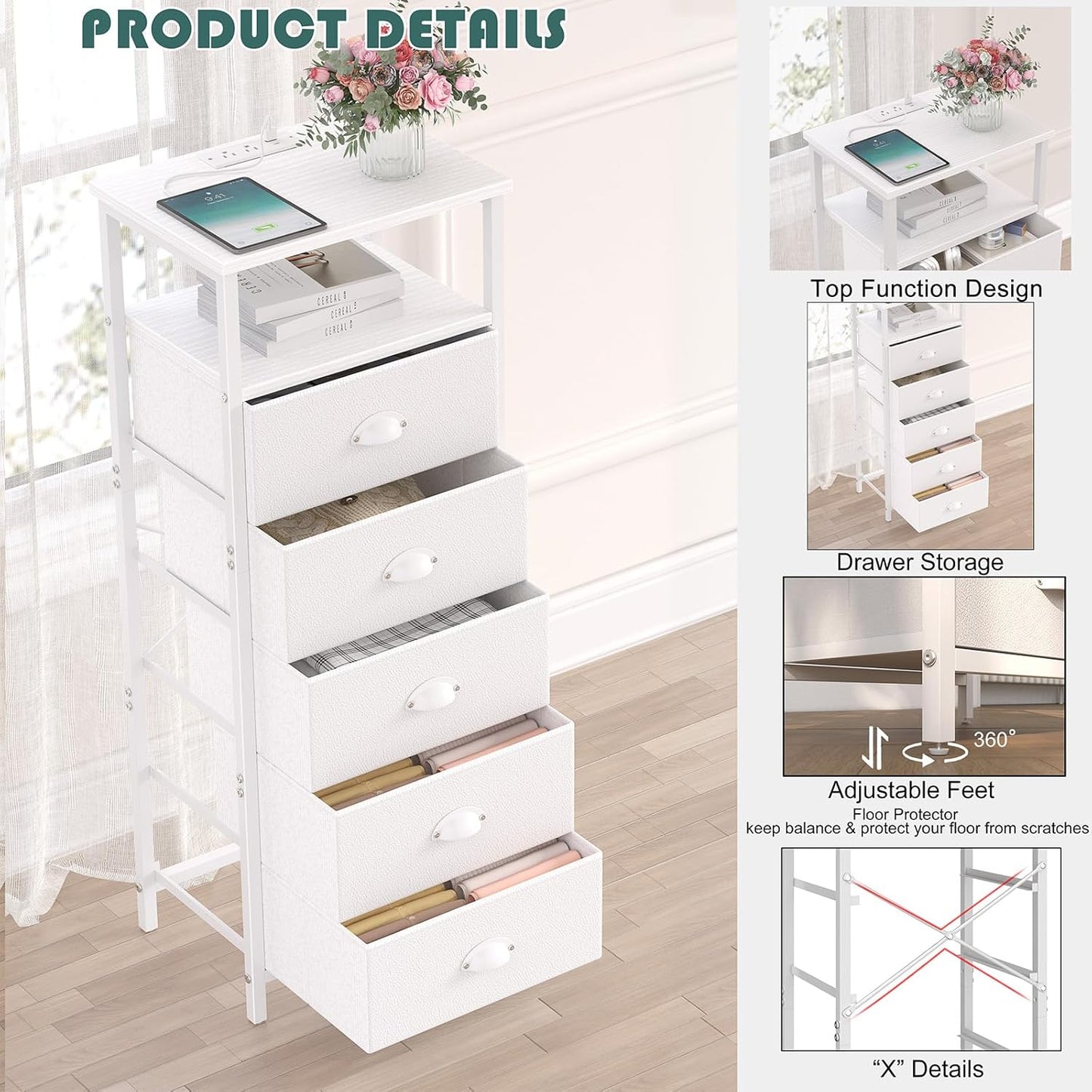 Nightstand with Charging Station,Led White Nightstands with 5 Fabric Drawers PU Finish, Bedside End Tables, 2-Tier Open Storage Shelf Side Table Nightstand with Drawers for Bedroom,White