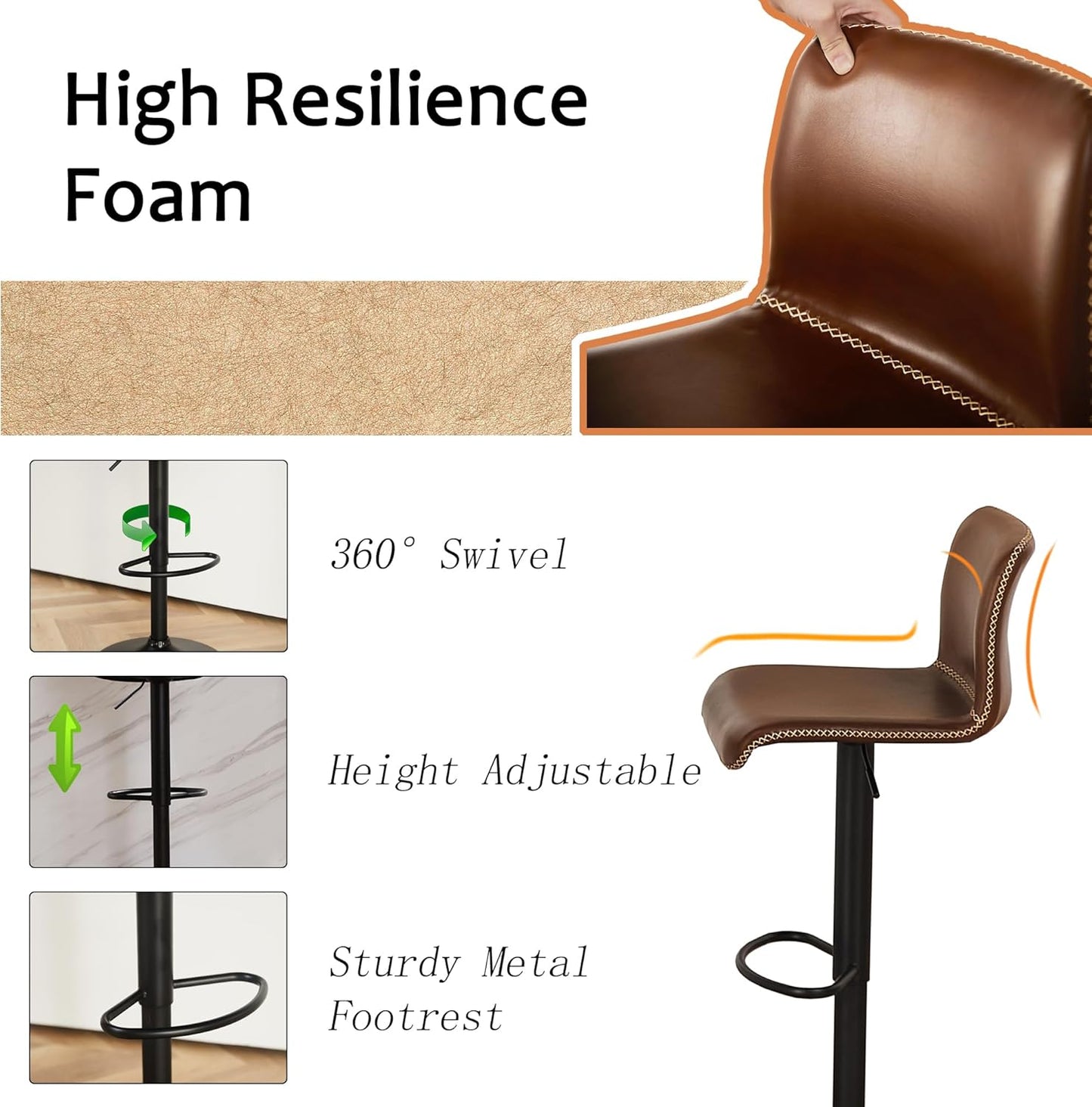 Bar Stools Set of 3, Swivel Counter Height Barstools with Back, Adjustable Height 24" to 32", Brown Faux Leather Bar Chairs for Kitchen Island (Brown, Set of 3 (24'' to 32''))
