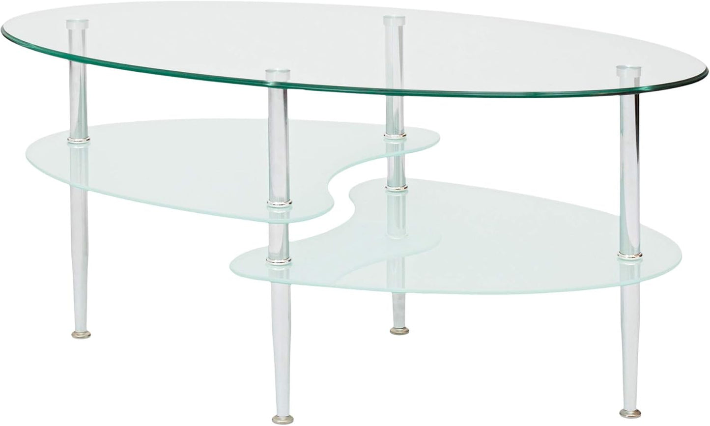 Modern Oval Glass Coffee Table Living Room Accent Ottoman Storage Shelf, 37 Inch, Glass