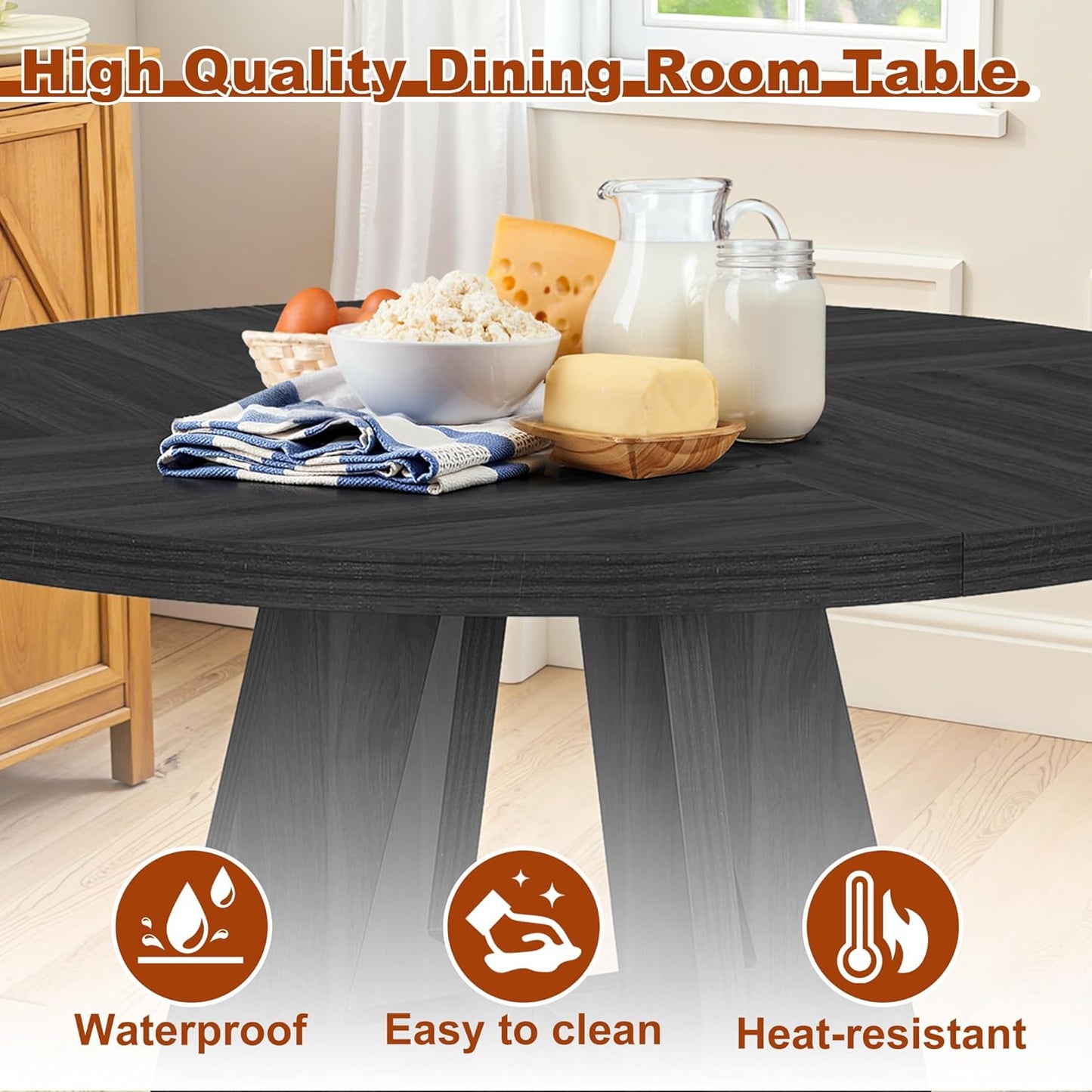 Round Dining Table for 4, 47 Inch Dinner Table Farmhouse Wooden Circle Kitchen Tables with Cross Base for Dining Room, Kitchen, Living Room, Black