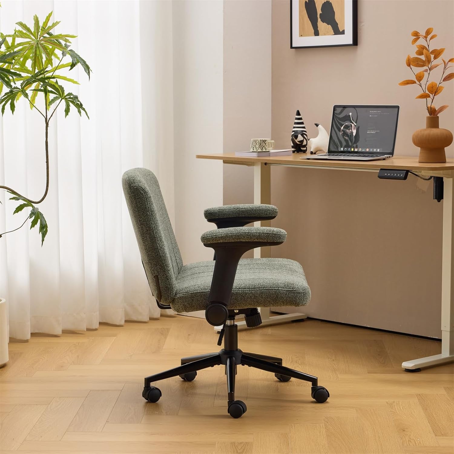 Criss Cross Chair with Adjustable Flip-Up Arms,Cross Legged Chair with Wheels, Extra Wide Office Chair,Cozy Desk Chair for Home Office, Vanity, Apartment,Chenille Velvet,Dark Green