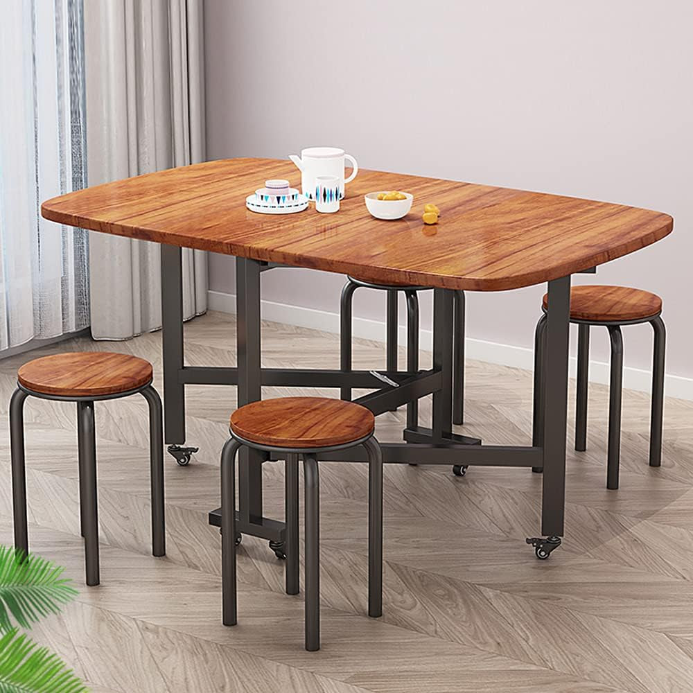 Multifunction Table Drop Leaf Dining Table - 47" Wooden Foldable Kitchen Table with 6 Wheels (Brown)