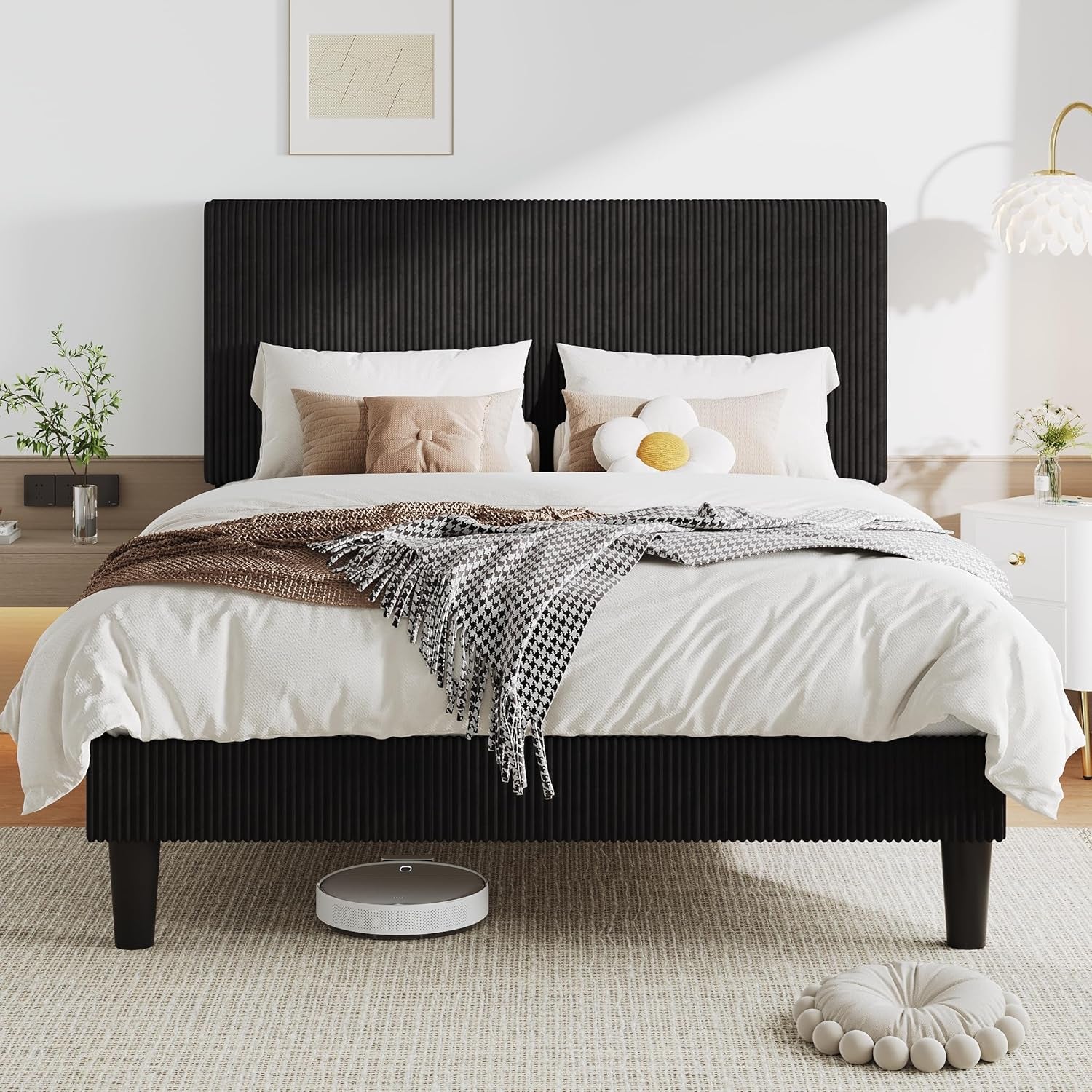 Full Size Upholstered Bed Frame with Vertical Channel Tufted Headboard, Soft Corduroy Fabric Platform Bed, Strong Wooden Slats Support, Easy Assembly, No Box Spring Needed, White