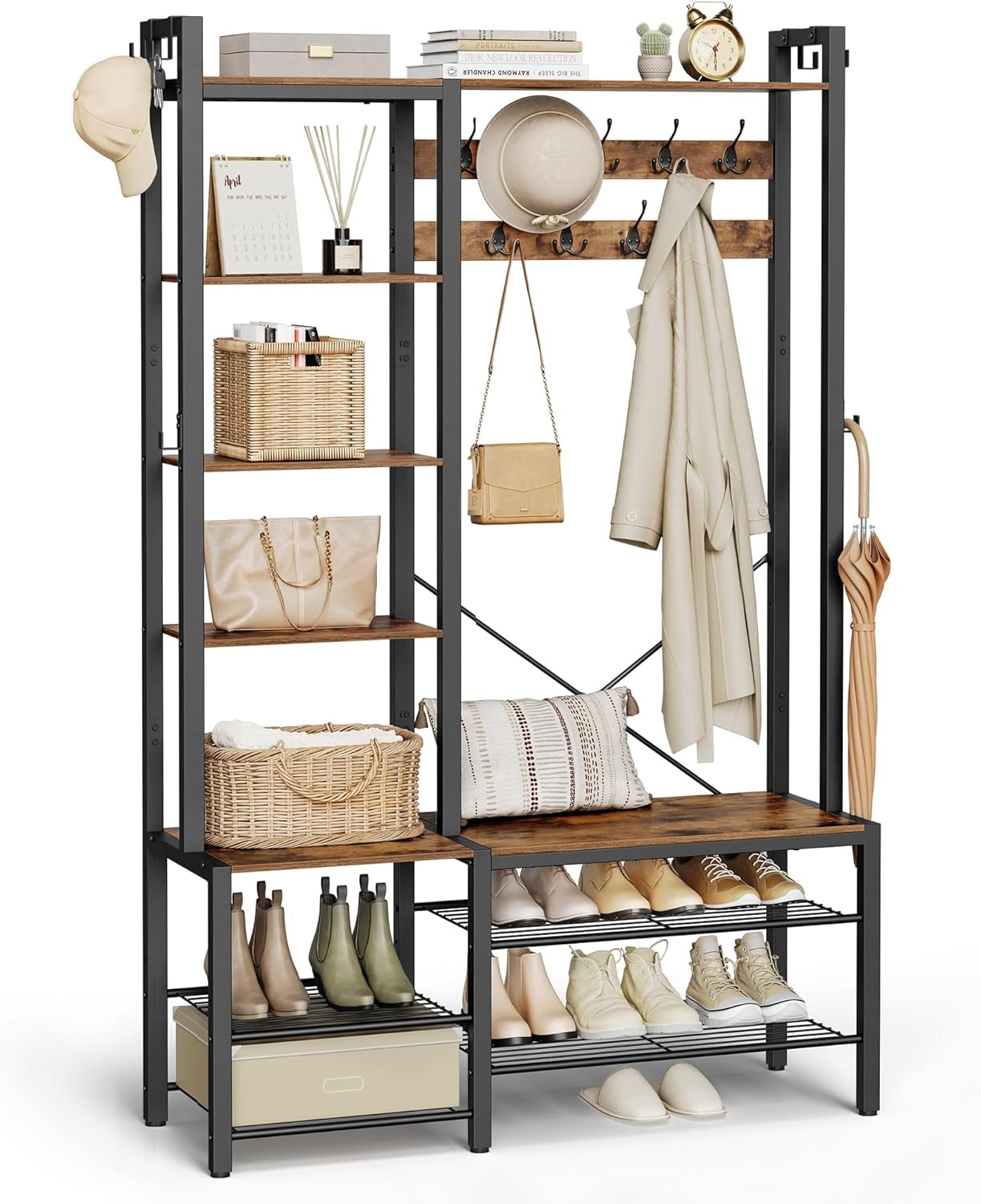 Hall Tree with Bench and Shoe Storage, Entryway Coat Rack with Shoe Bench, 5 Storage Shelves, 9 Coat Hooks, 6 Side Hooks, 15.7 X 47.2 X 74.8 Inches, Rustic Brown and Ink Black UHSR426B01