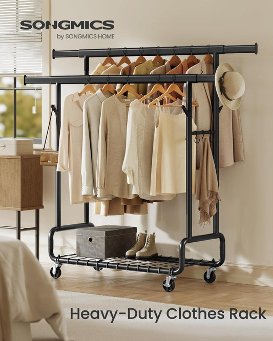 Clothes Rack, Heavy-Duty Rolling Clothing Garment Rack with Wheels, Extendable Double Hanging Rods and Adjustable Height, Portable, with Shelf and Hooks, Ink Black UHSR015B01
