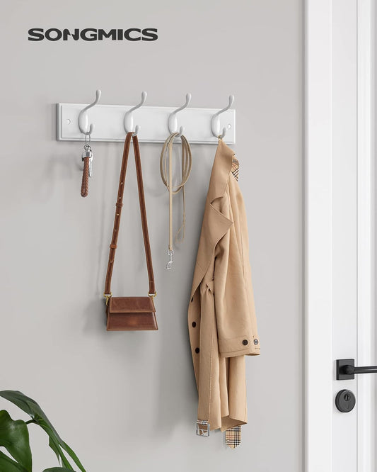Wall-Mounted Coat Rack, Hook Rack, 4 Dual Metal Hooks, for Coats, Bags, Keys, in the Entryway, Bedroom, Living Room, White ULHR23WT