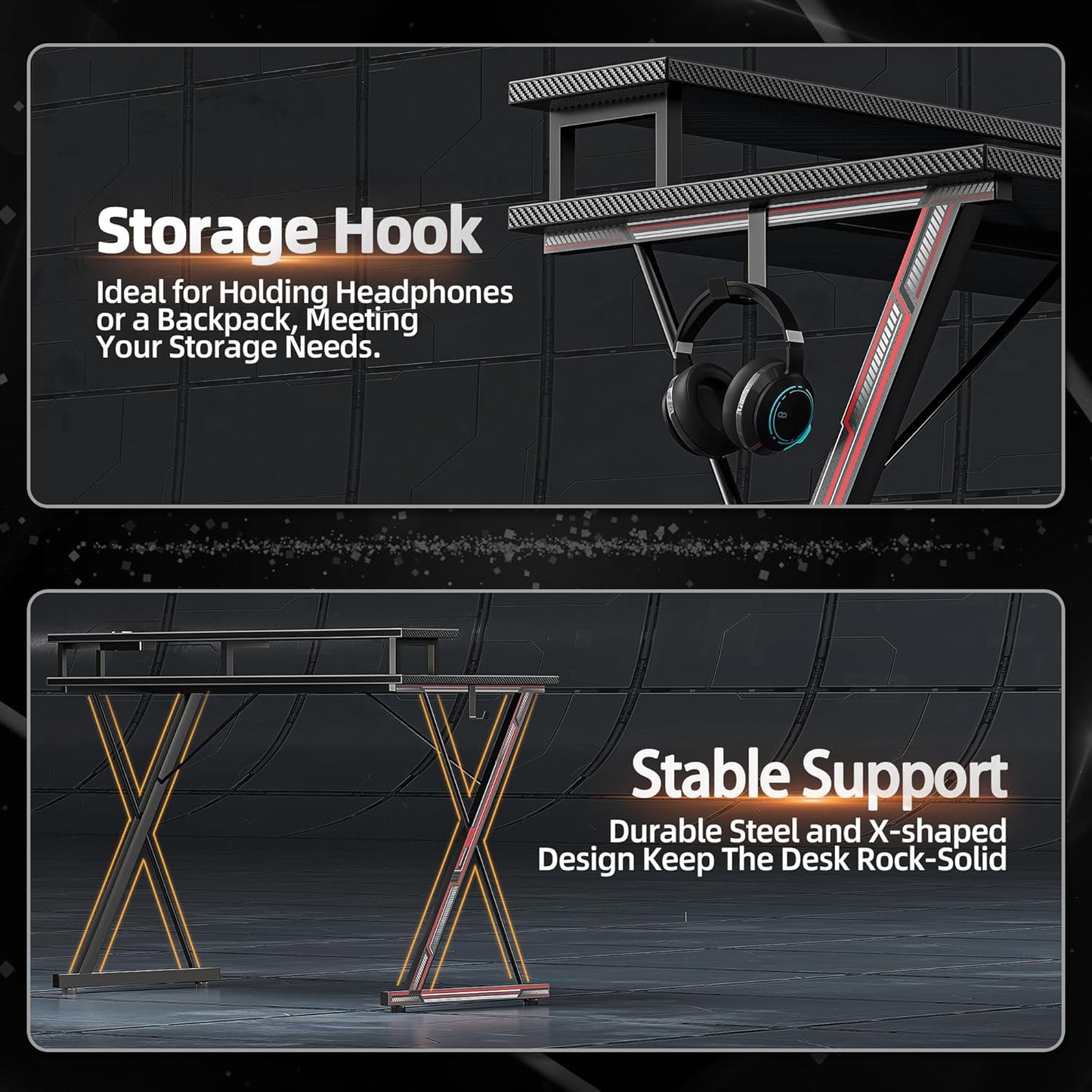 Gaming Desk with Power Outlets & LED 40 Inch Ergonomic Computer Carbon Fiber Surface Gamer Desk, Large Monitor Stand, Headphone Hook, PC Workstation for Bedroom, Black