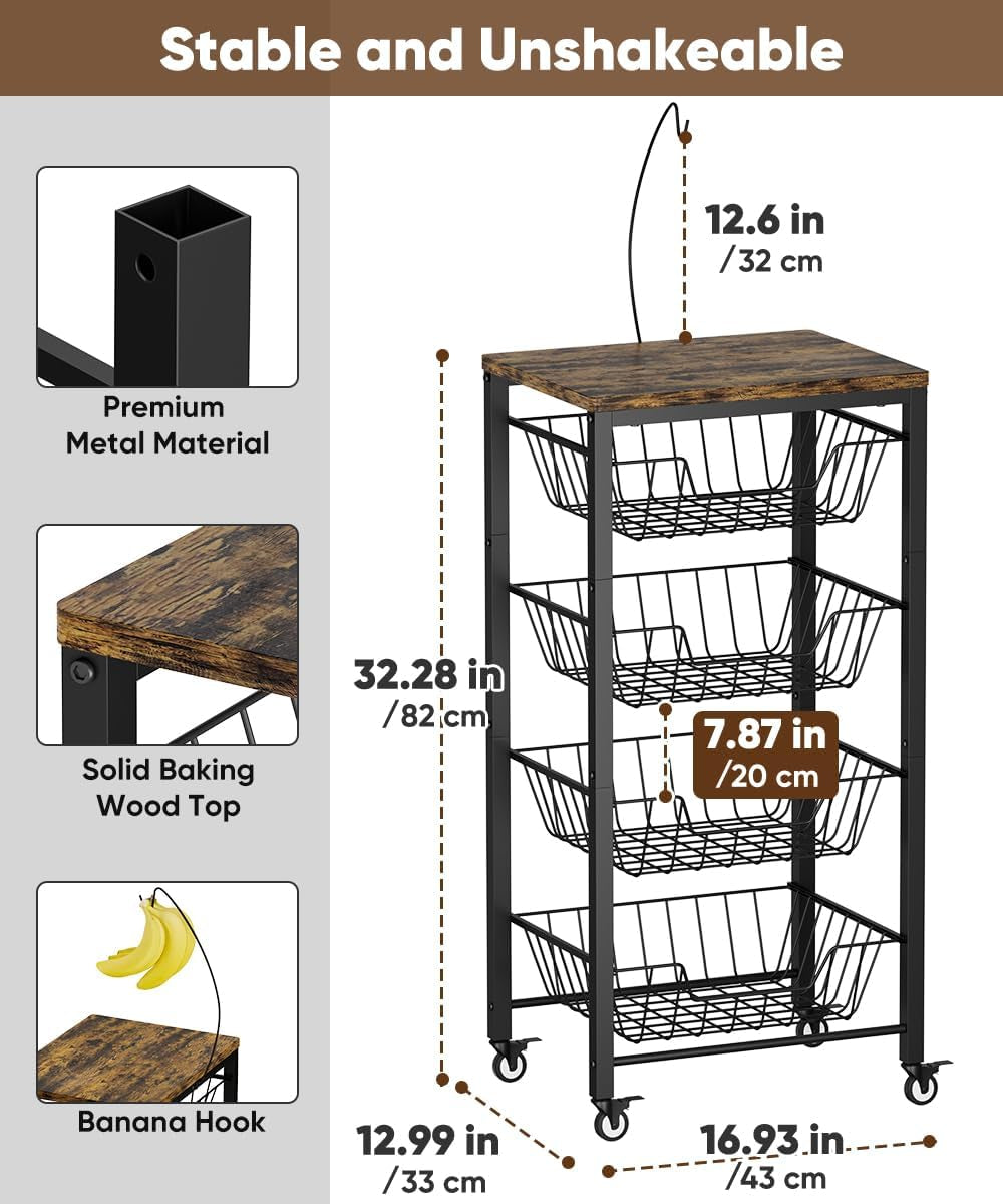 Fruit Vegetable Storage Cart for Kitchen, 5-Tier Vegetable Stand Rack with Pull-Out Fruit Baskets, Rolling Snack Cart with Wood Top & Banana Holder for Pantry, Living Room, Bathroom, Black