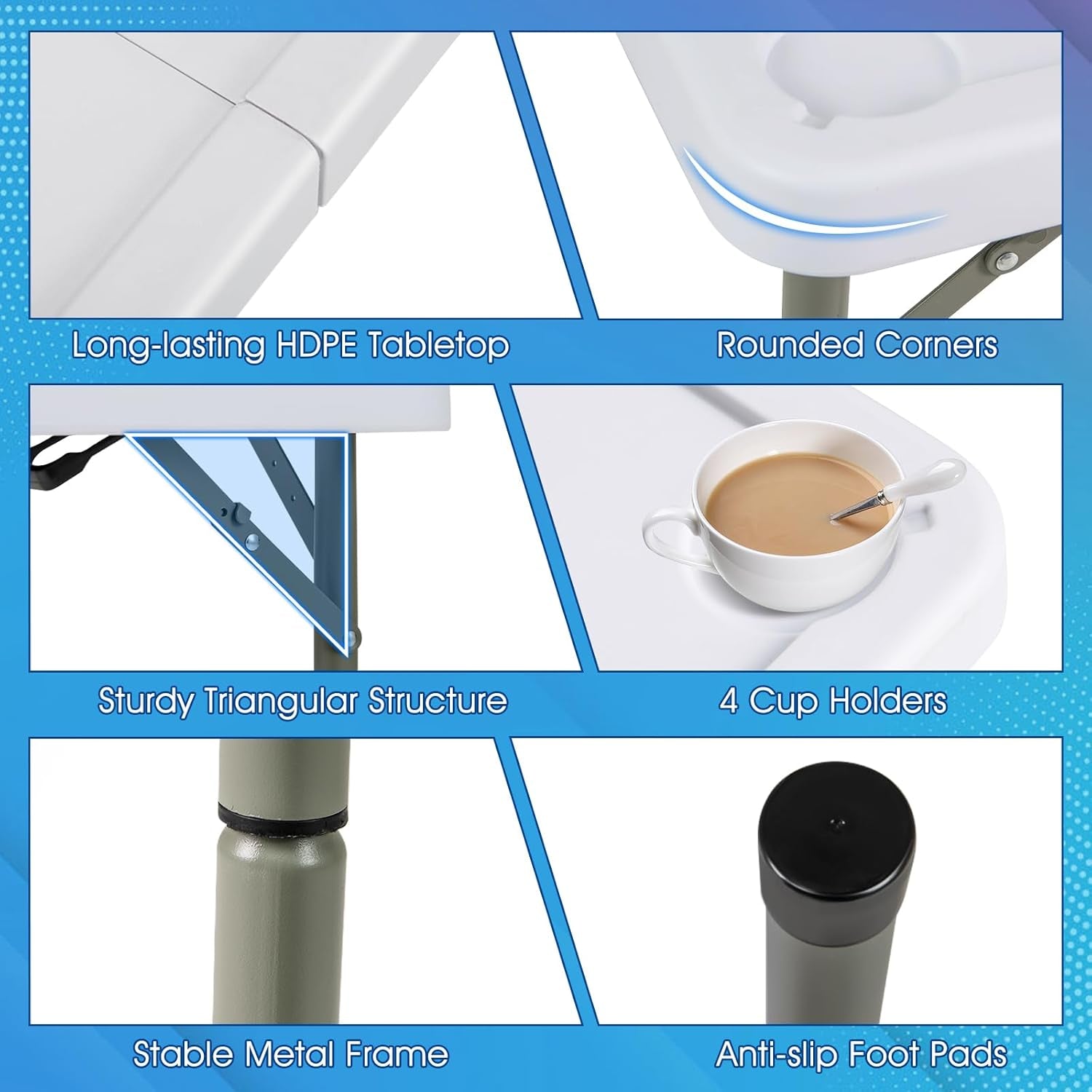 Folding Mahjong Table, 35" Square Card Table with Cup Holders, Removable Noise Reduction Mat, HDPE Tabletop, 4-Player Portable Domino Tables for Poker Blackjack Board Game (Blue)