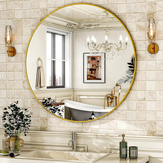 round Mirror 19.6 Gold Wall Mounted Circle Mirrors Vanity Mirror with Brushed Aluminum Alloy Frame Modern Decoration for Bathroom, Living Room, Vanity, Bedroom, Entryway
