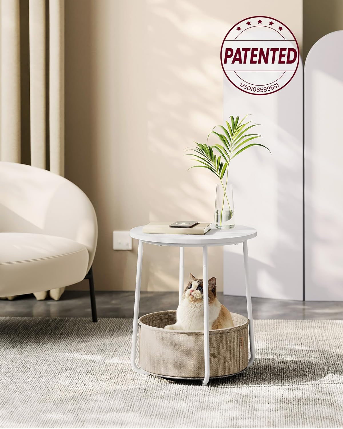 Nightstands, Set of 2 Small round Side Tables with Fabric Basket, Bedside End Tables, for Bedroom, Jelly Pink and Cream White ULCT668R01