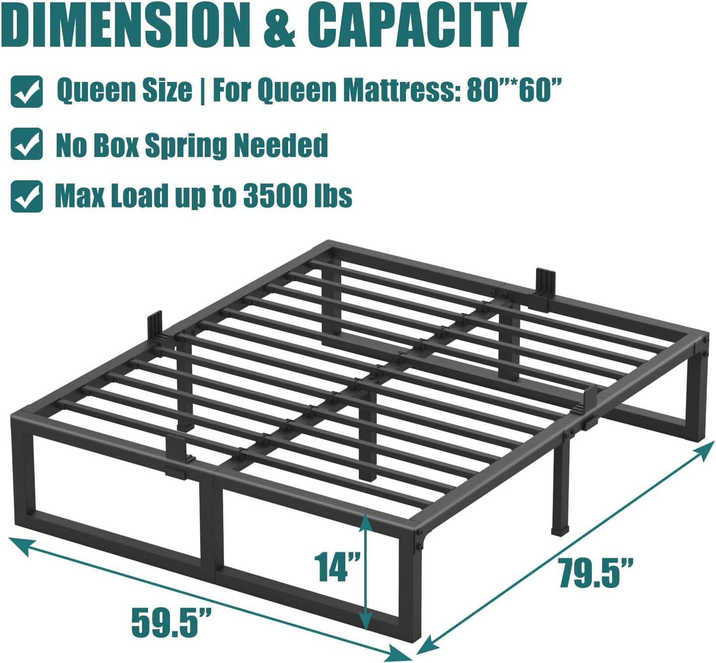 14 Inch Queen Bed Frame,3500 Lbs Heavy Duty Metal Platform, Steel Slats Support/No Box Spring Needed/Noise Free/Non-Slip/Easy Assembly