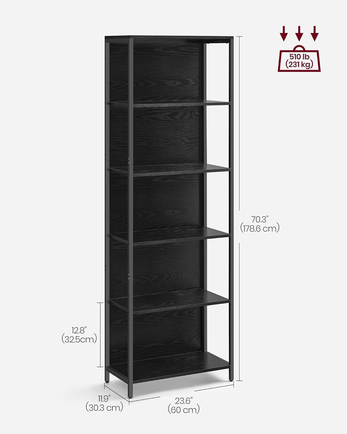 6-Tier LED Bookshelf, Display Shelf with Dimmable Lights, LED Bookcase with Steel Frame, 11.9 X 23.6 X 70.3 Inches, for Living Room, Bedroom, Office, Black with Wood Grain ULLS120B56