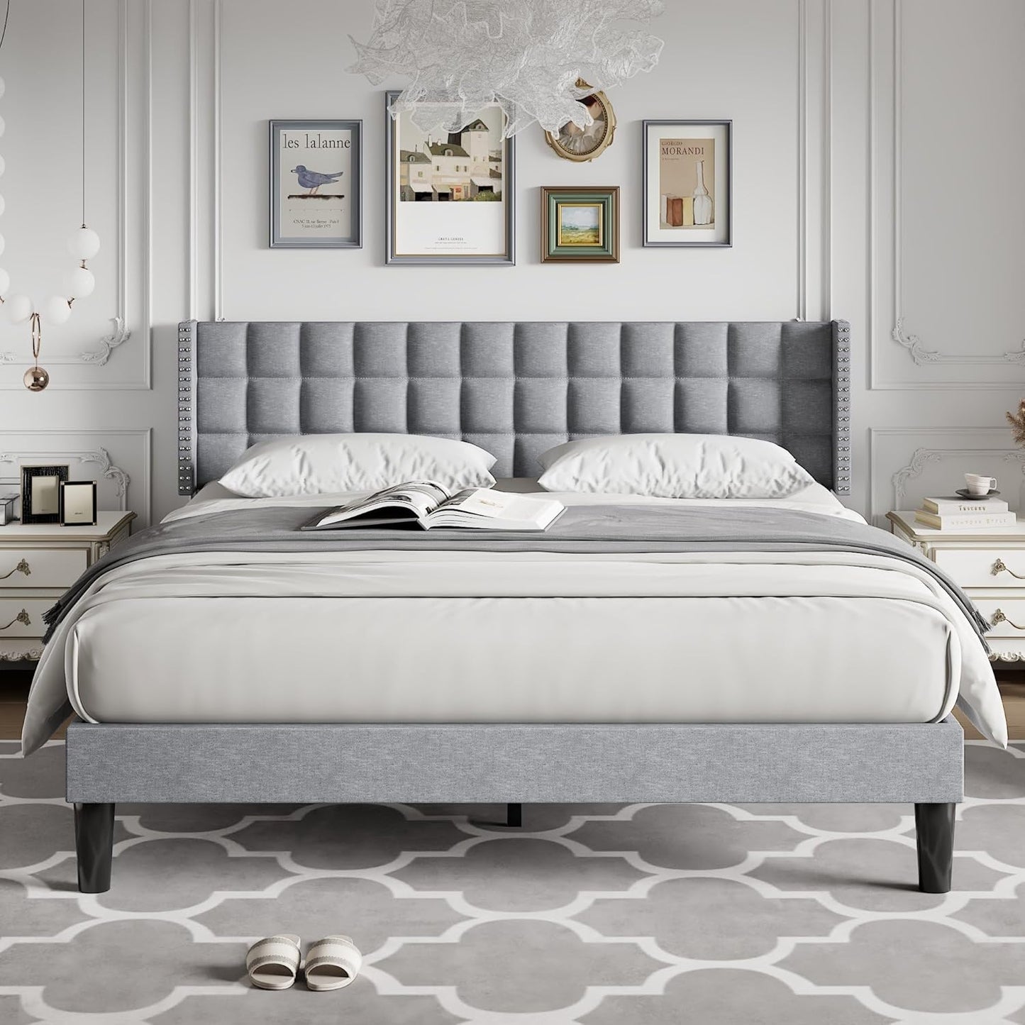 Headboard King Size, Linen Upholstered Headboards Only with Nailhead Trim Wingback, Square Stitched Design, Adjustable Height from 40" to 49.8", Light Grey