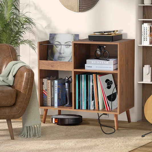 Mid-Century Vinyl Storage Cabinet Table with Solid Wood Legs, Turntable Stand with Power Outlet Holds up to 200 Albums, Record Player Holder Display Shelf, End Table for Bedroom Living Room