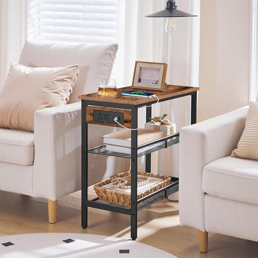 End Table, 3-Tier Narrow Side Table with Charging Station, Nightstand with 2 Flat or Slant Adjustable Shelves for Small Spaces, Living Room, Bedroom, Rustic Brown and Black BF23UBZ01G1