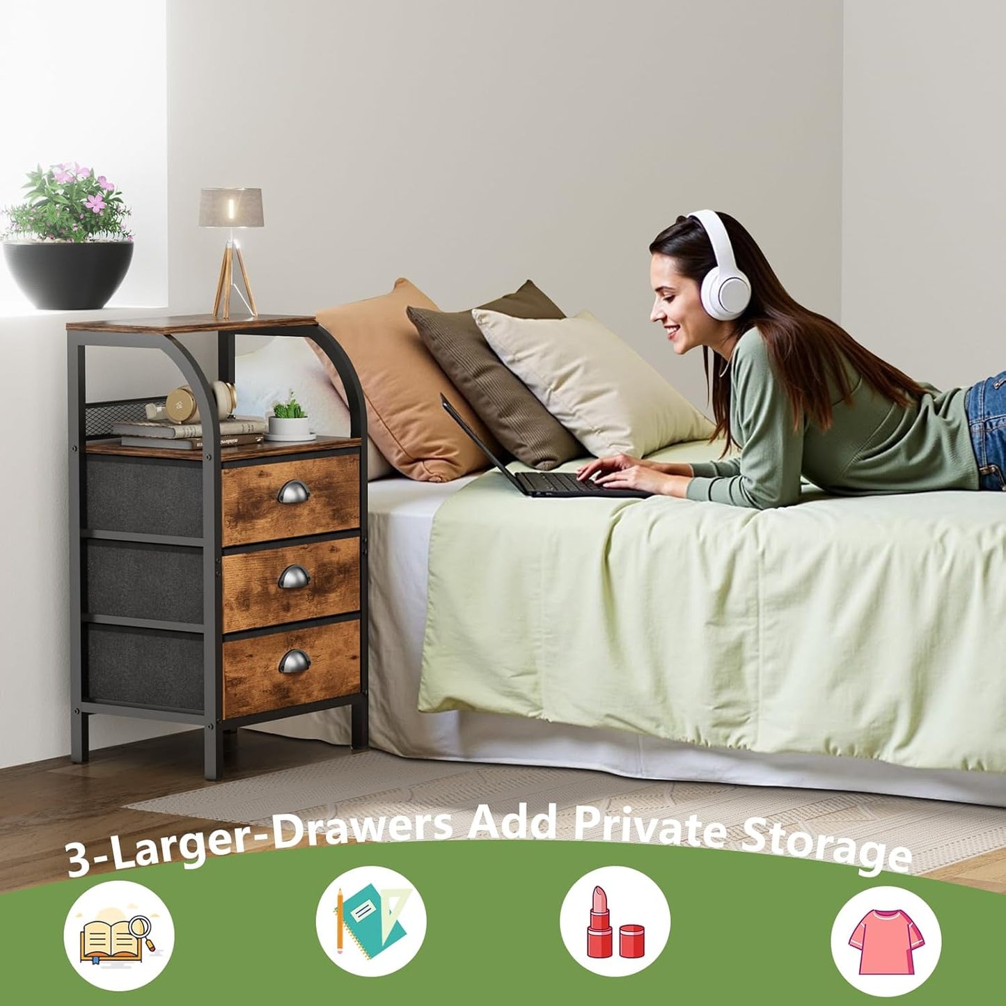 Night Stand Nightstand with Drawer Nightstands Storage Night Stands 3 Drawers Bedside Dresser Table Open Shelves Small Bed Side End Tables Fabric Cabinet for Bedroom Living Room Furniture