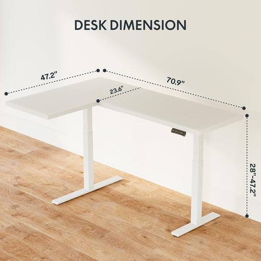 71-Inch Large Dual Motor L-Shaped Electric Height Adjustable Standing Desk - Reversible Panel - White Top/White Frame - Ideal for Gaming, Home Office or Computer Workstation