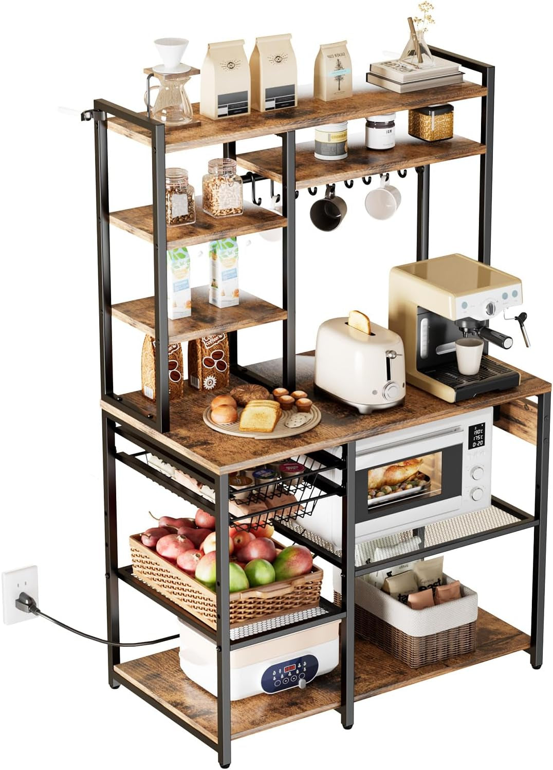 Kitchen Bakers Rack with Power Outlets, 35.4X15.7X70.9 Inch Microwave Stand with Built-In Power Strip & 5 Ft Cord, 10 S-Shaped Hooks, for Dish Storage, Spice Jars, Coffee Bar Organization