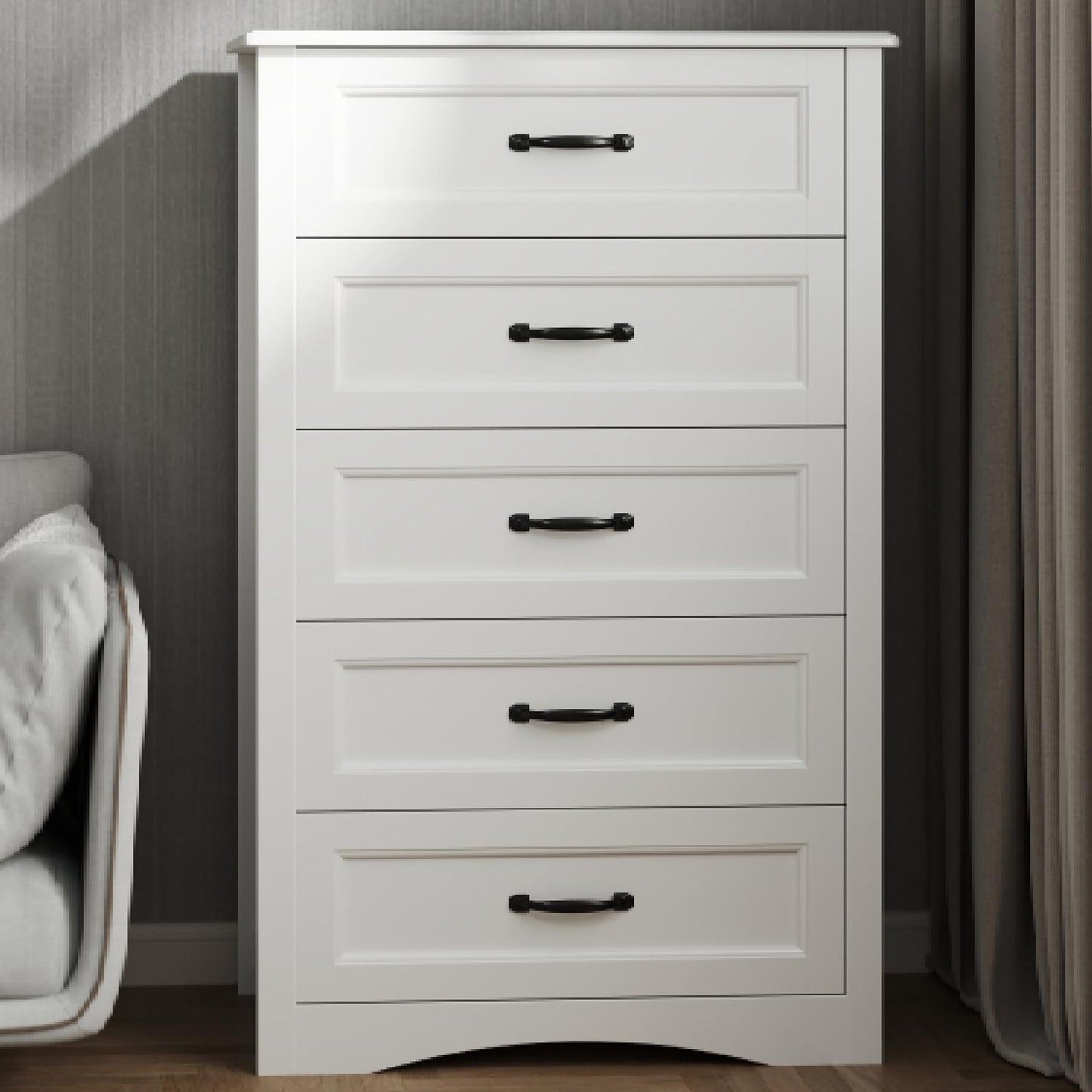 White five drawer wood dresser with anti tip device, view 9
