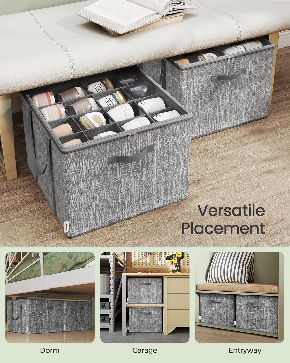 Set of 2 Shoe Organizers for Closet, Fits 16 Pairs Each, Shoe Storage Bins, Fabric Containers with Handles and Clear Cover, for Bedroom, Entryway, Closet, Cattail Gray ULSP602G01