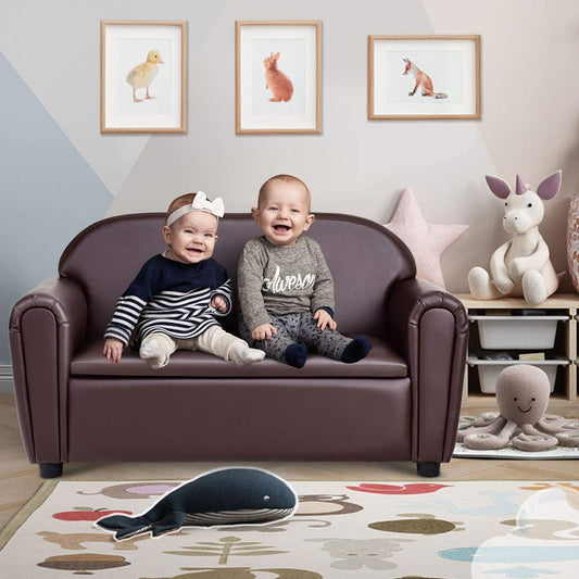 Kids Couch, 2 in 1 Double Seat Children'S Sofa W/Under Seat Storage, PU Leather Surface, Toddler Armrest Chair, Kids Room, Soft Sofa with Storage for Preschool Baby Boys Girls Gifts