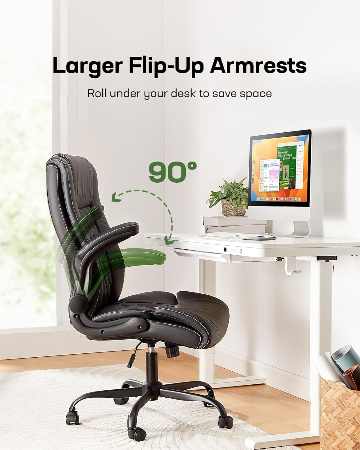 Executive Office Chair with Flip-Up Armrests,Pu Leather Ergonomic Desk Chair Height-Adjustable Swivel Rolling Computer Desk Chair,Black