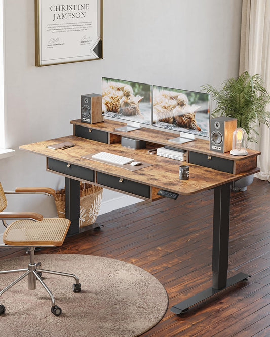 55 X 30 Inch Standing Desk with Drawers, Height Adjustable Electric Workstation, Computer Sit Stand up Table with Large Storage Shelf 4 Drawers and 2 Hooks, Rustic Brown