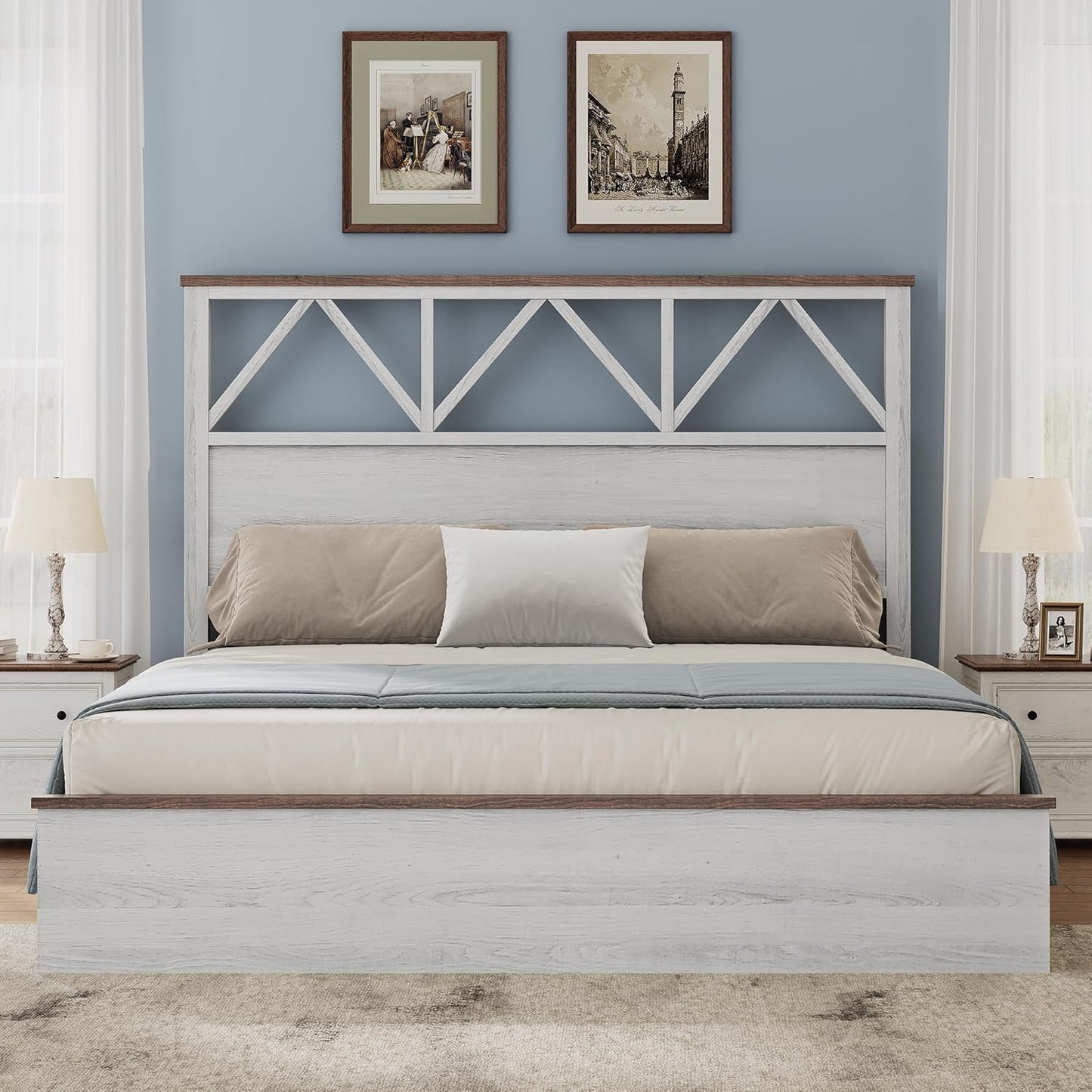 Farmhouse Queen Size Bed Frame with 47.2'' Headboard, Platform Rustic Wood Bed Frame with Slats, Sturdy and Noiseless, No Spring Needed, White