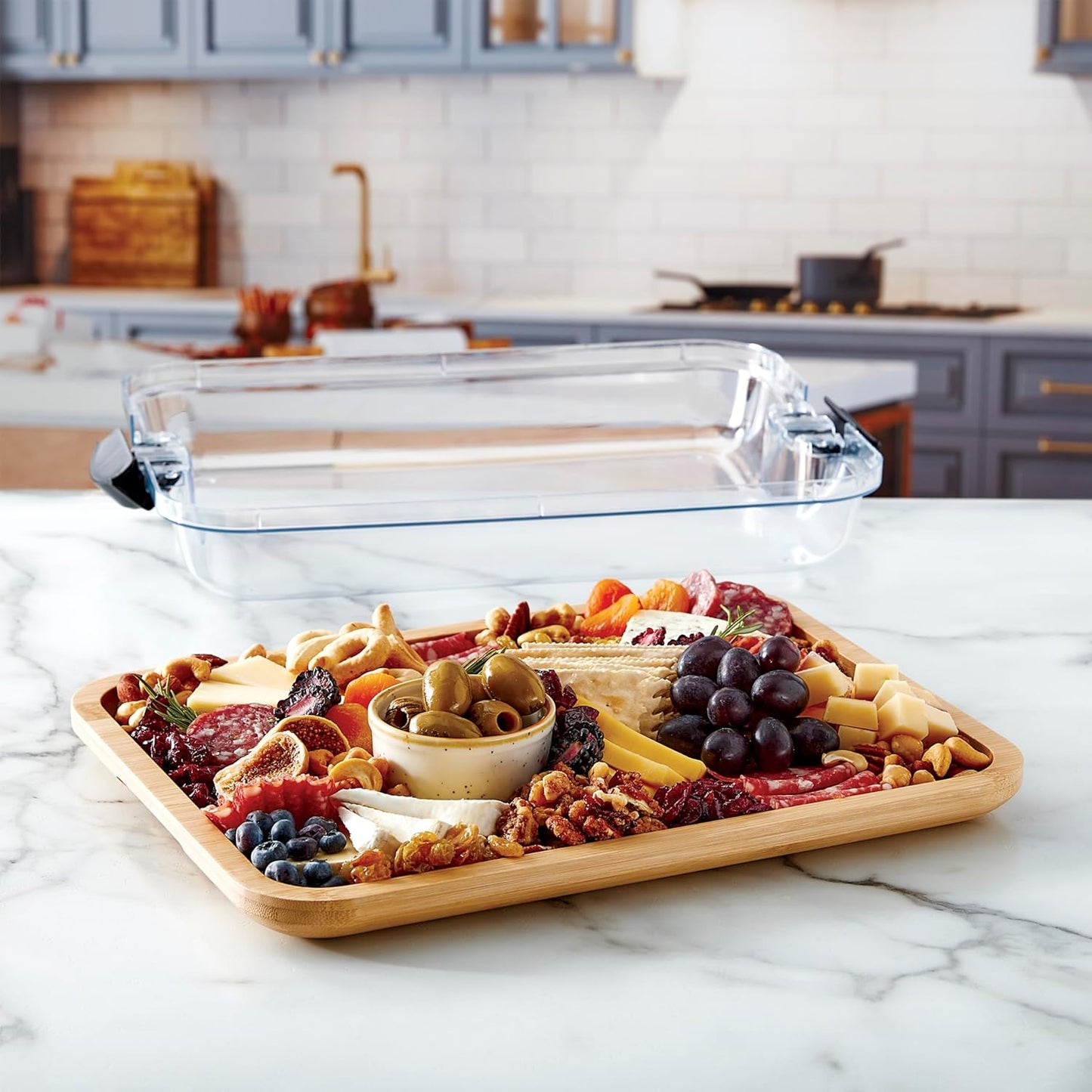 Build-A-Board Bamboo Cutting Board with Single Storage Compartment, Clear Locking Lid, Black Handles, Perfect for Charcuterie & Snacks