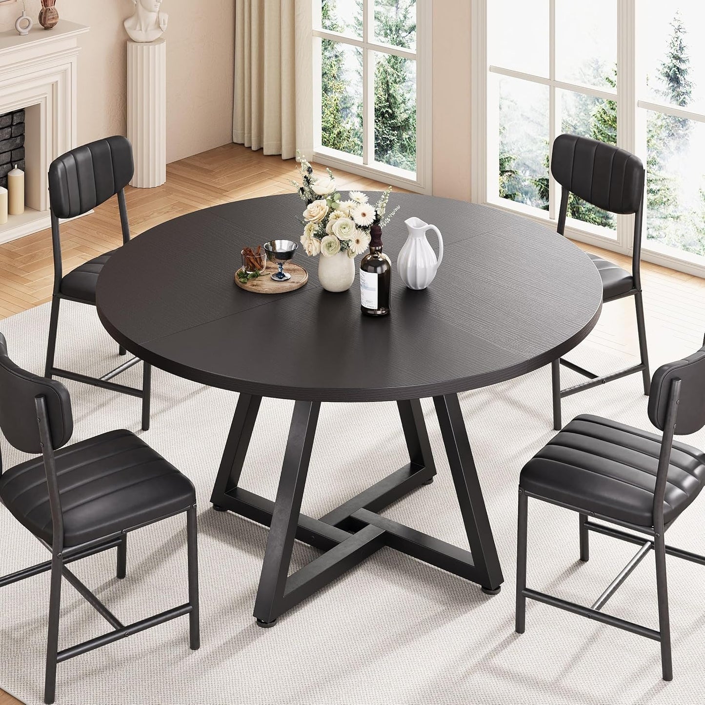 51“ round Kitchen Dining Room Table for 6-8, Circle Dining Dinner Table with Pedestal Metal Frame, Space Saving Wood Industrial Furniture for Small Space (Black, 51In)