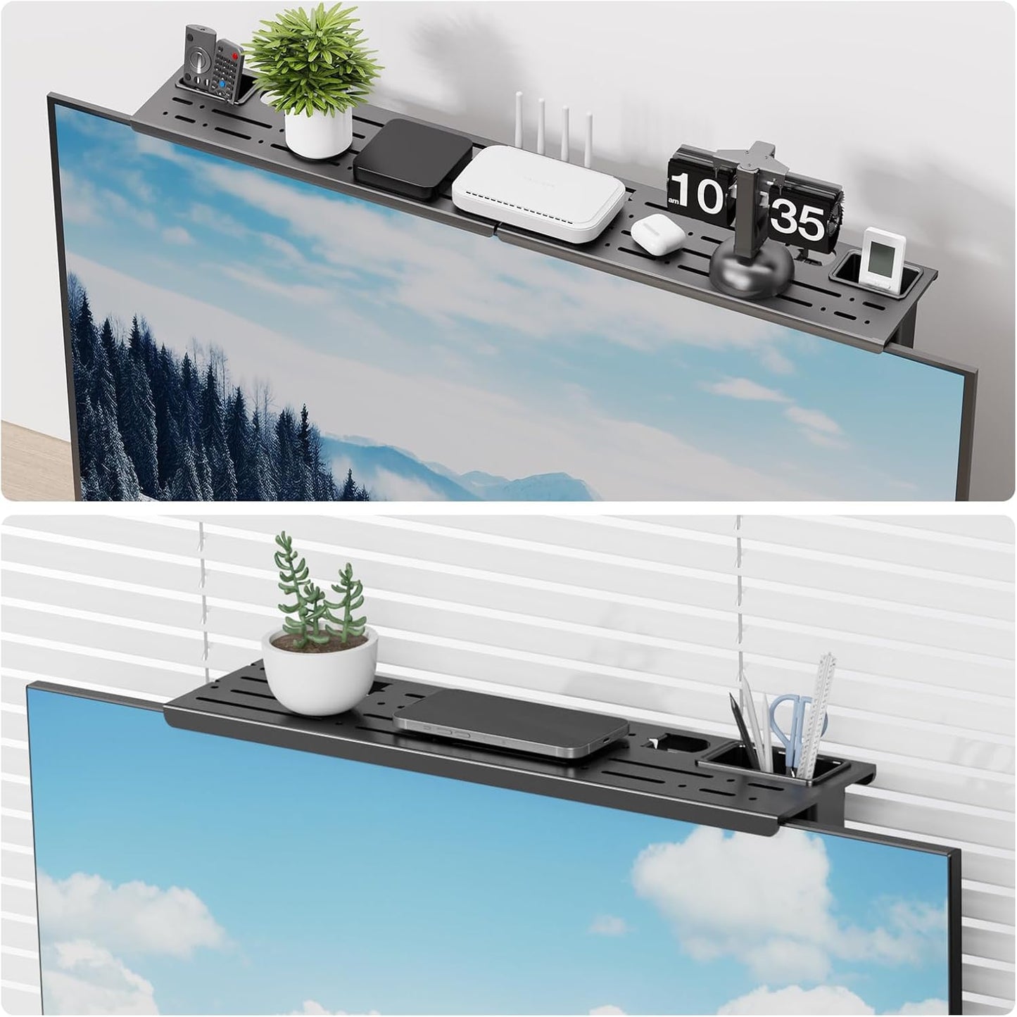 Steel TV Top Shelf- Adjustable Screen Shelf Floating Stand with 2 Storage Boxes,Computer Screen Shelf for Soundbar, Media Boxes, Game Console, Router and Home,34.65×4.33Inch