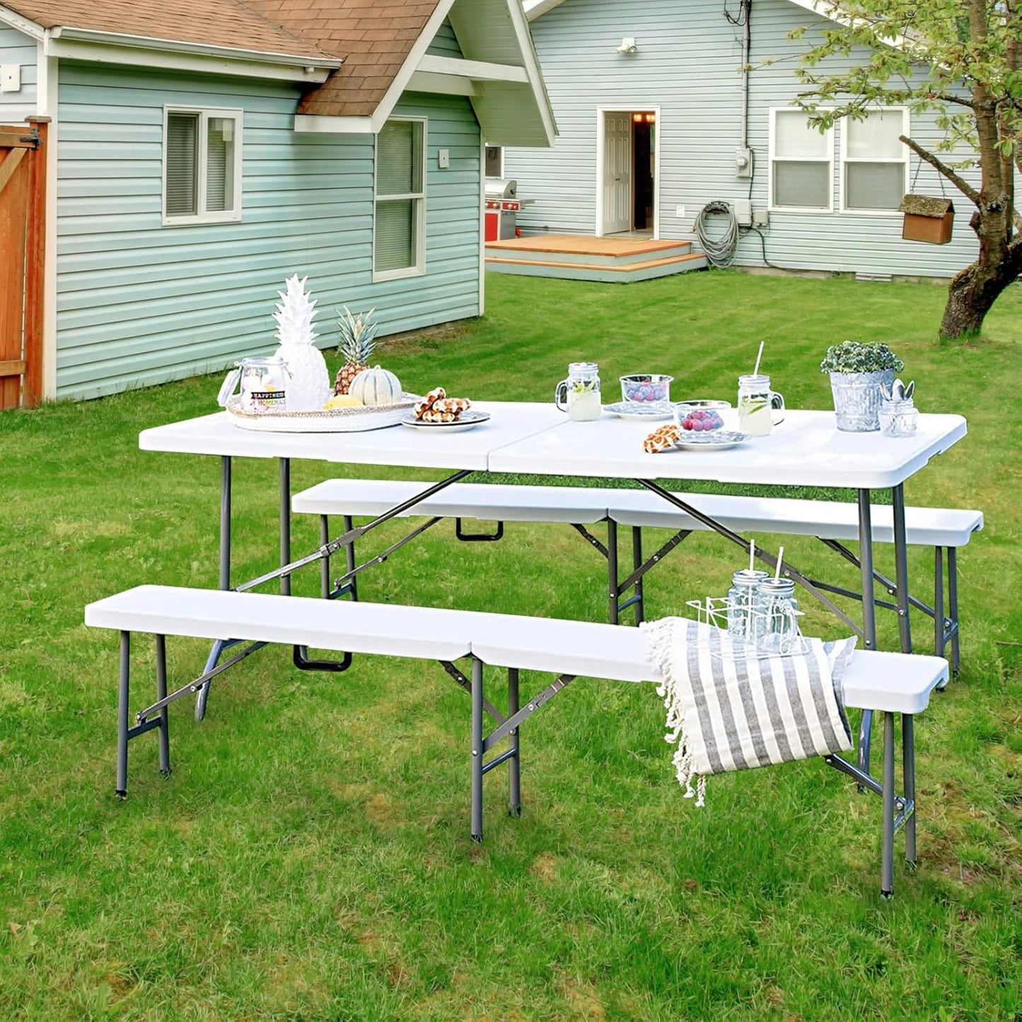 Folding Table 6Ft Portable Heavy Duty Plastic Fold-In-Half Utility Foldable Table Plastic Dining Indoor Outdoor for Camping, Picnic and Party, White