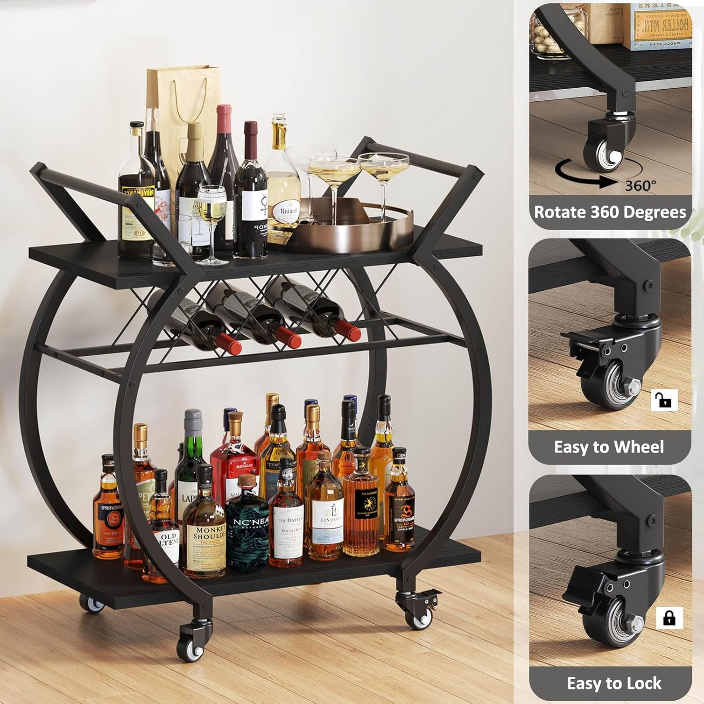 Black Wine Cart with Wheels, Modern Bar Cart with Wine Rack, Industrial Beverage Rolling Kitchen Serving Cart with Storage, Metal Wooden Microwave Drink Liquor Cart for Home Dining Room, Black Oak